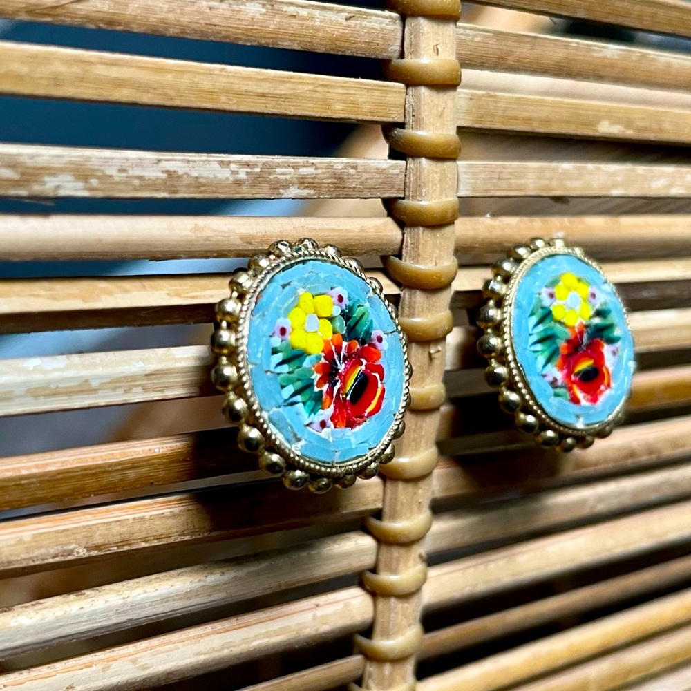 Vintage Italian Micro Mosaic Floral Screw Back Earrings Red and Yellow Flower